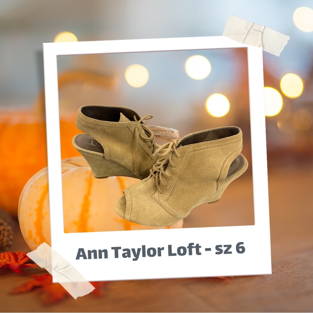 Ann Taylor Loft Tan Suede Lace-Up Peep Toe Booties, Size 6